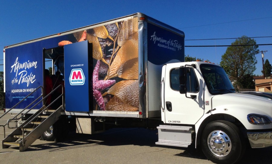 Aquarium on Wheels box truck parked with door open and ready to welcome excited learners